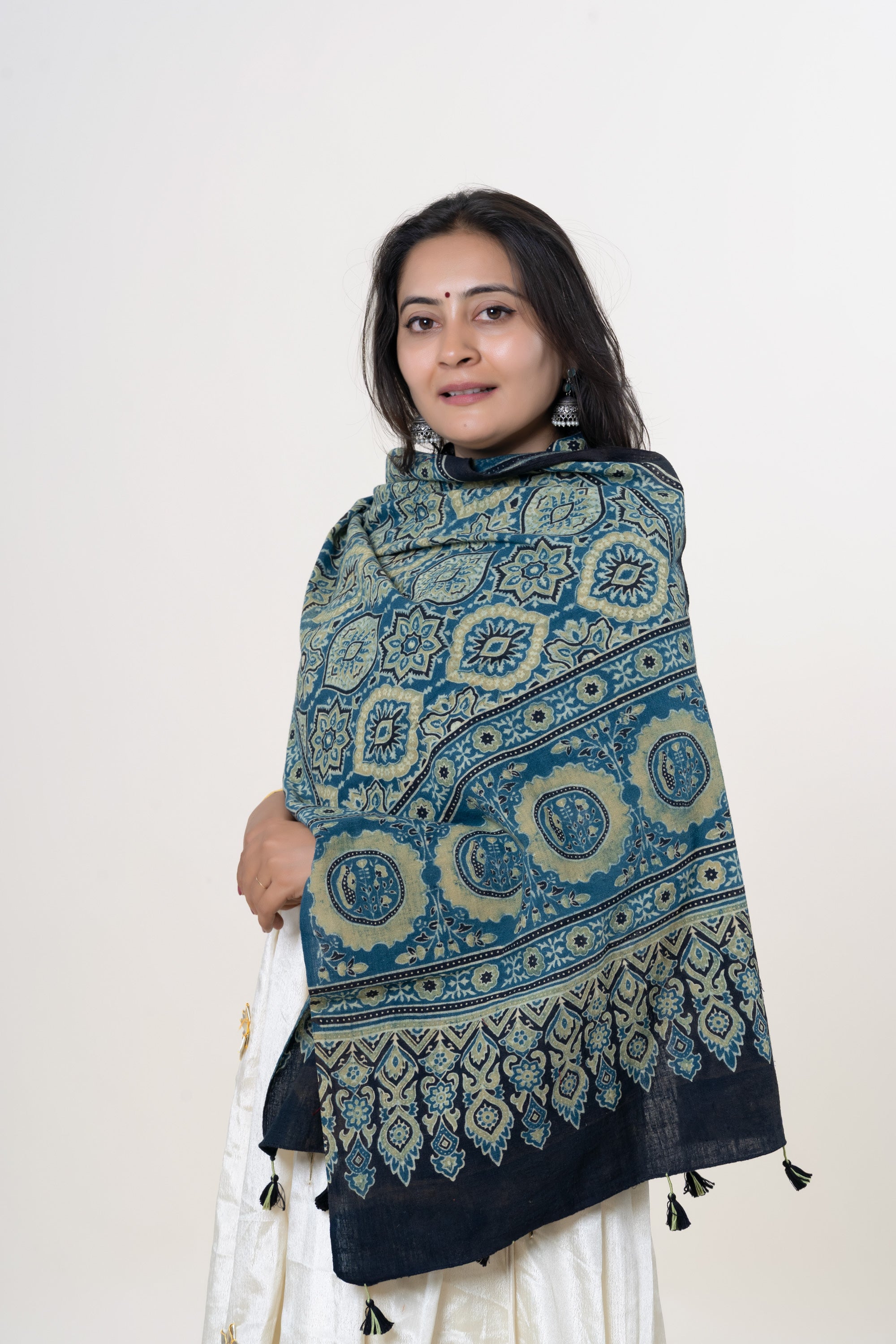 Black & Indigo with Golden Yellow & Cream Ajrakh Hand-Block Print Kala Cotton Stole