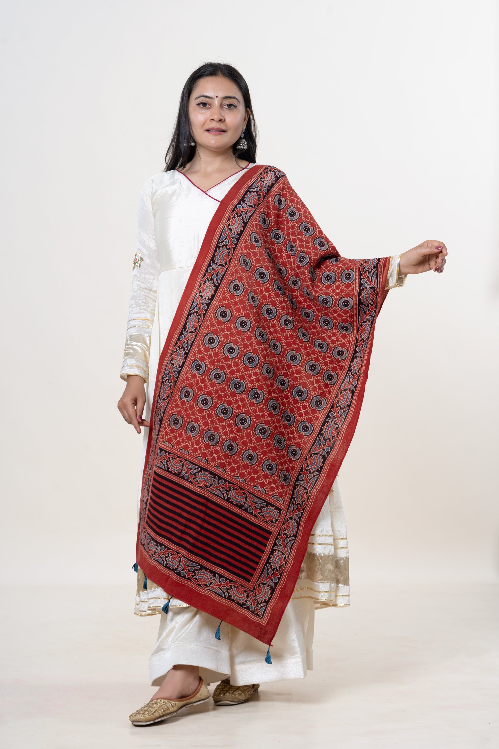 Red with Black, Blue & Cream Ajrakh Hand-Block Print Kala Cotton Stole