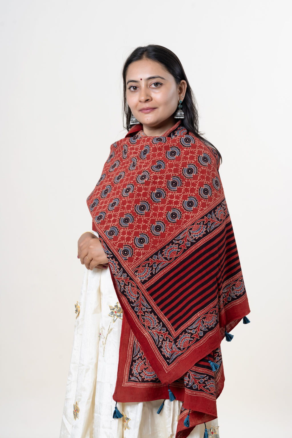 Red with Black, Blue & Cream Ajrakh Hand-Block Print Kala Cotton Stole
