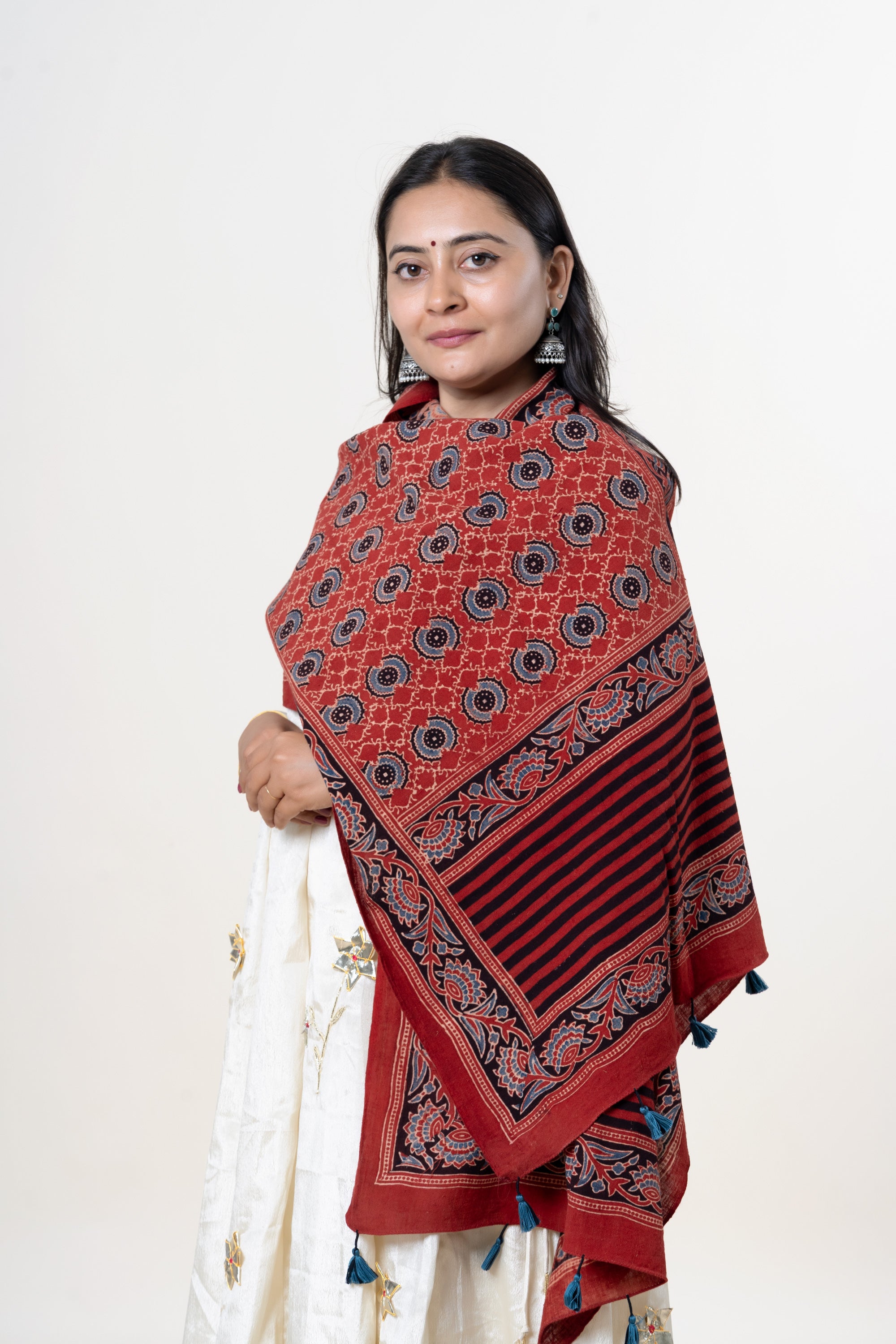 Red with Black, Blue & Cream Ajrakh Hand-Block Print Kala Cotton Stole