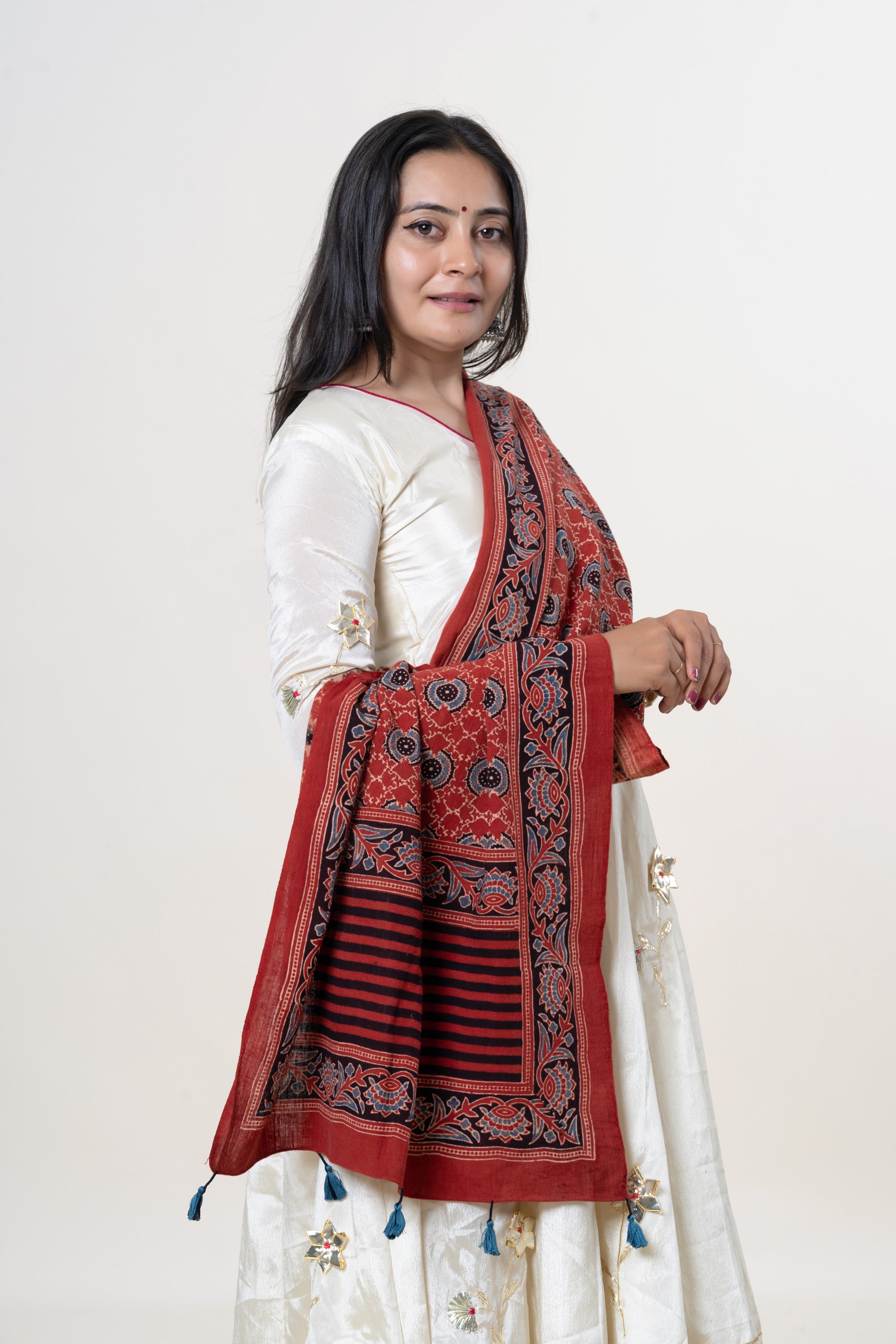 Red with Black, Blue & Cream Ajrakh Hand-Block Print Kala Cotton Stole