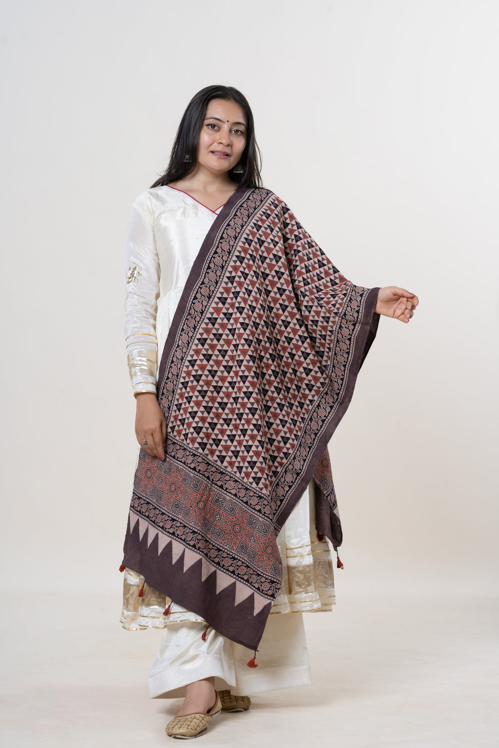 Brown with Red, Black & Cream Ajrakh Hand-Block Print Kala Cotton Stole