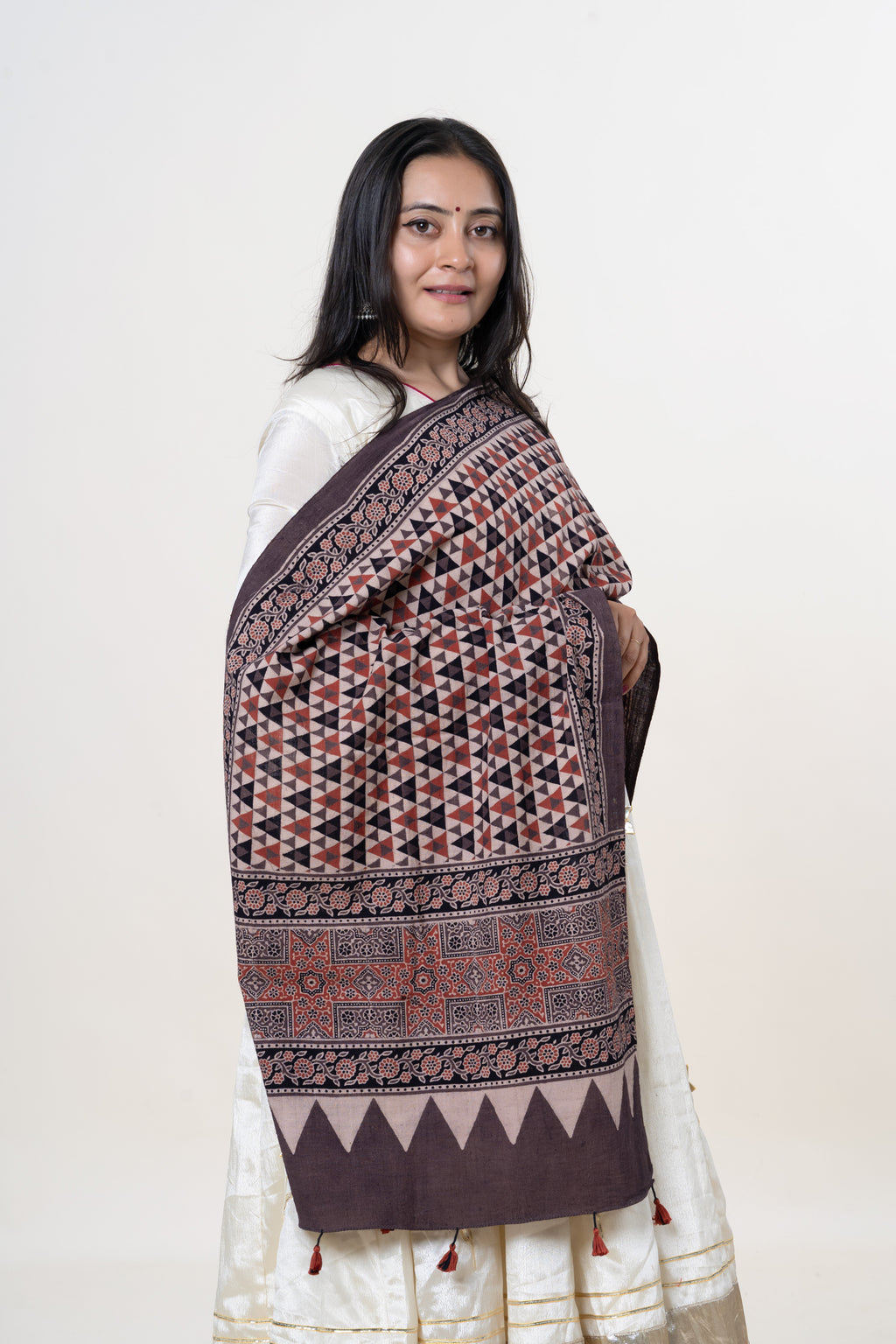 Brown with Red, Black & Cream Ajrakh Hand-Block Print Kala Cotton Stole