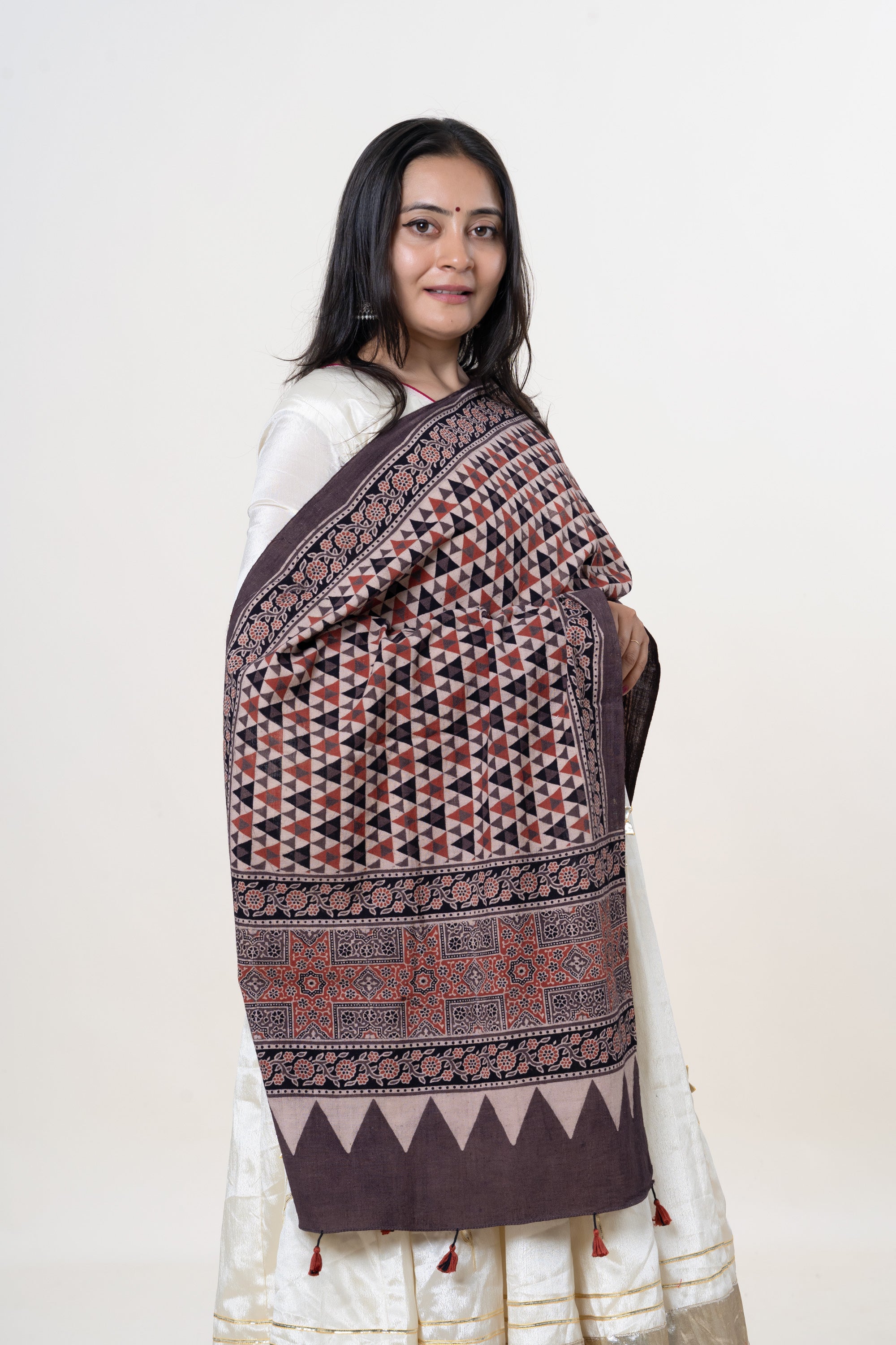Brown with Red, Black & Cream Ajrakh Hand-Block Print Kala Cotton Stole