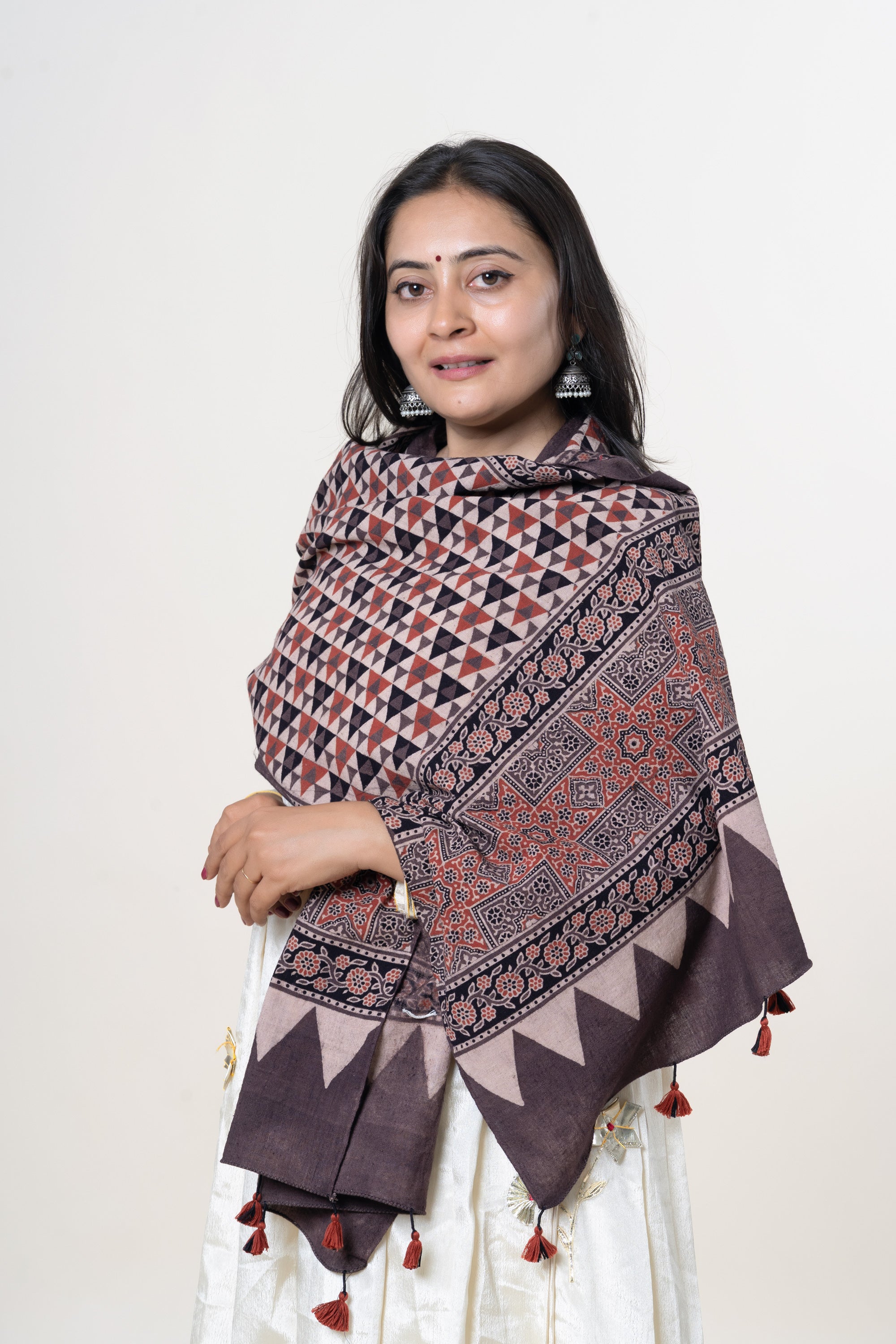 Brown with Red, Black & Cream Ajrakh Hand-Block Print Kala Cotton Stole