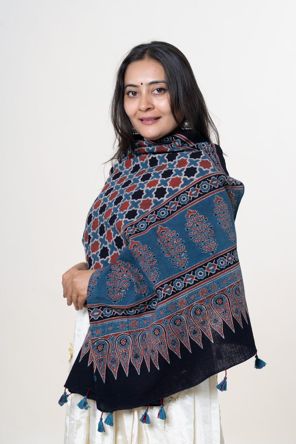 Indigo & Black with Red & Cream Ajrakh Hand-Block Print Kala Cotton Stole