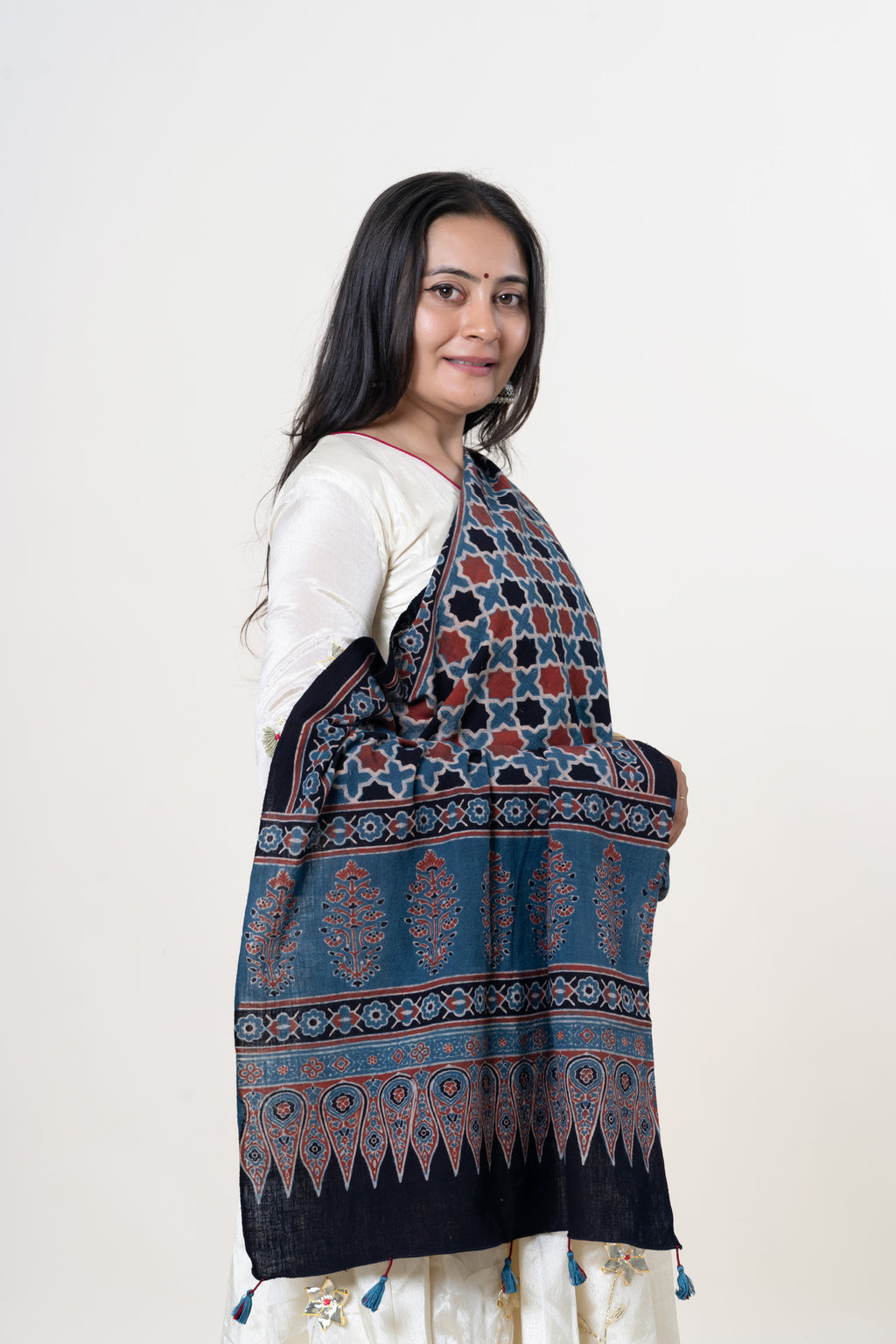 Indigo & Black with Red & Cream Ajrakh Hand-Block Print Kala Cotton Stole