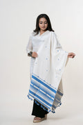 Natural Off-White Bhujodi Handwoven Kala Cotton Stole with Indigo Blue Accents