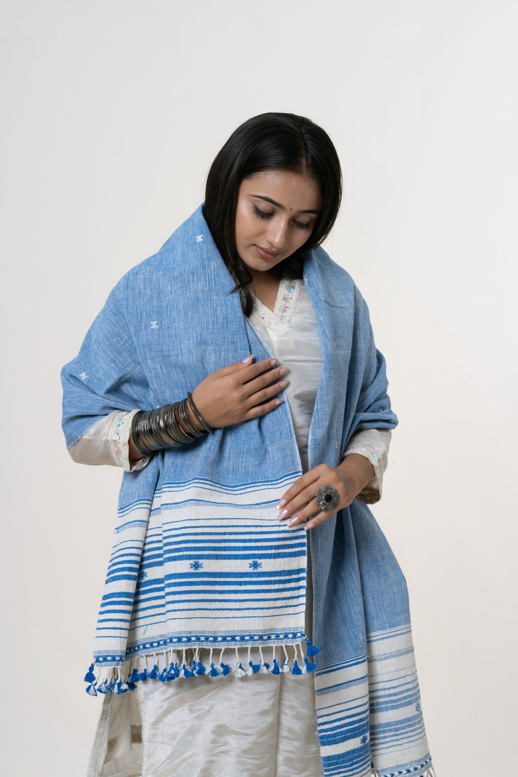 Sky Blue/Powder Blue Bhujodi Handwoven Kala Cotton Stole with Stark White Accents