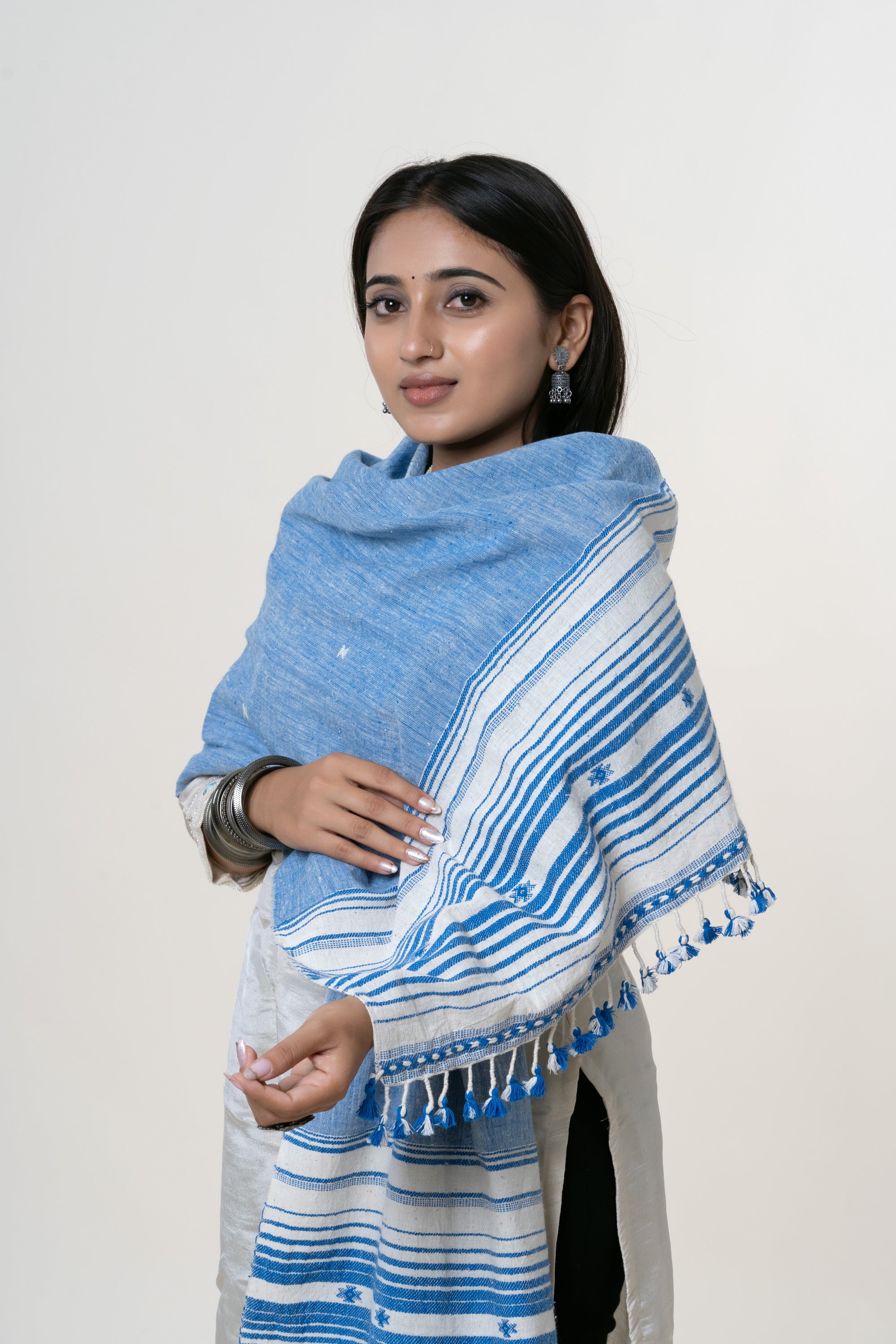 Sky Blue/Powder Blue Bhujodi Handwoven Kala Cotton Stole with Stark White Accents