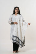 Off-White Bhujodi Handwoven Kala Cotton Stole with Charcoal Black Accents