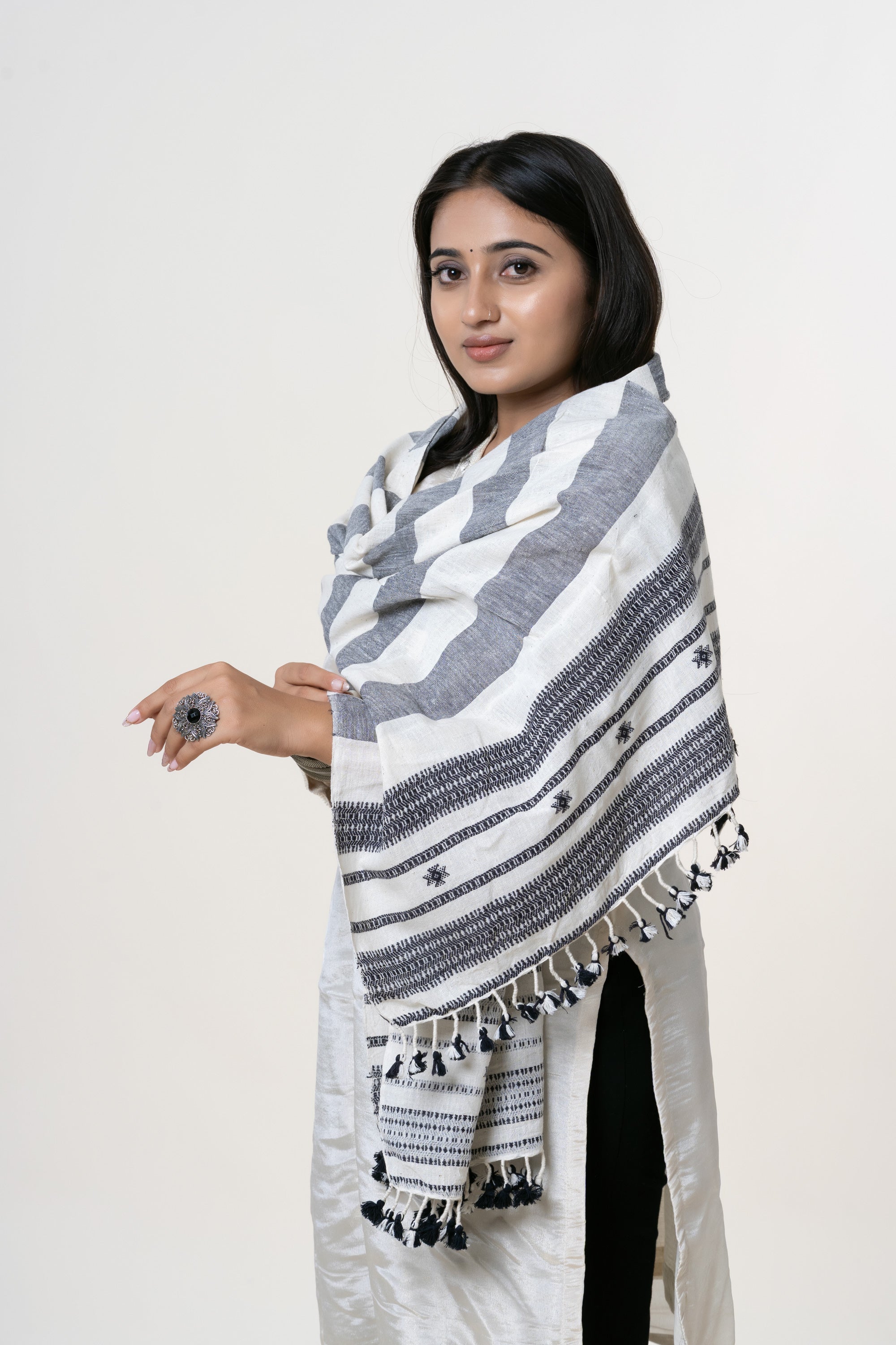 Off-White and Charcoal Grey Bhujodi Handwoven Kala Cotton Stole with Black Accents