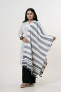 Off-White and Charcoal Grey Bhujodi Handwoven Kala Cotton Stole with Black Accents