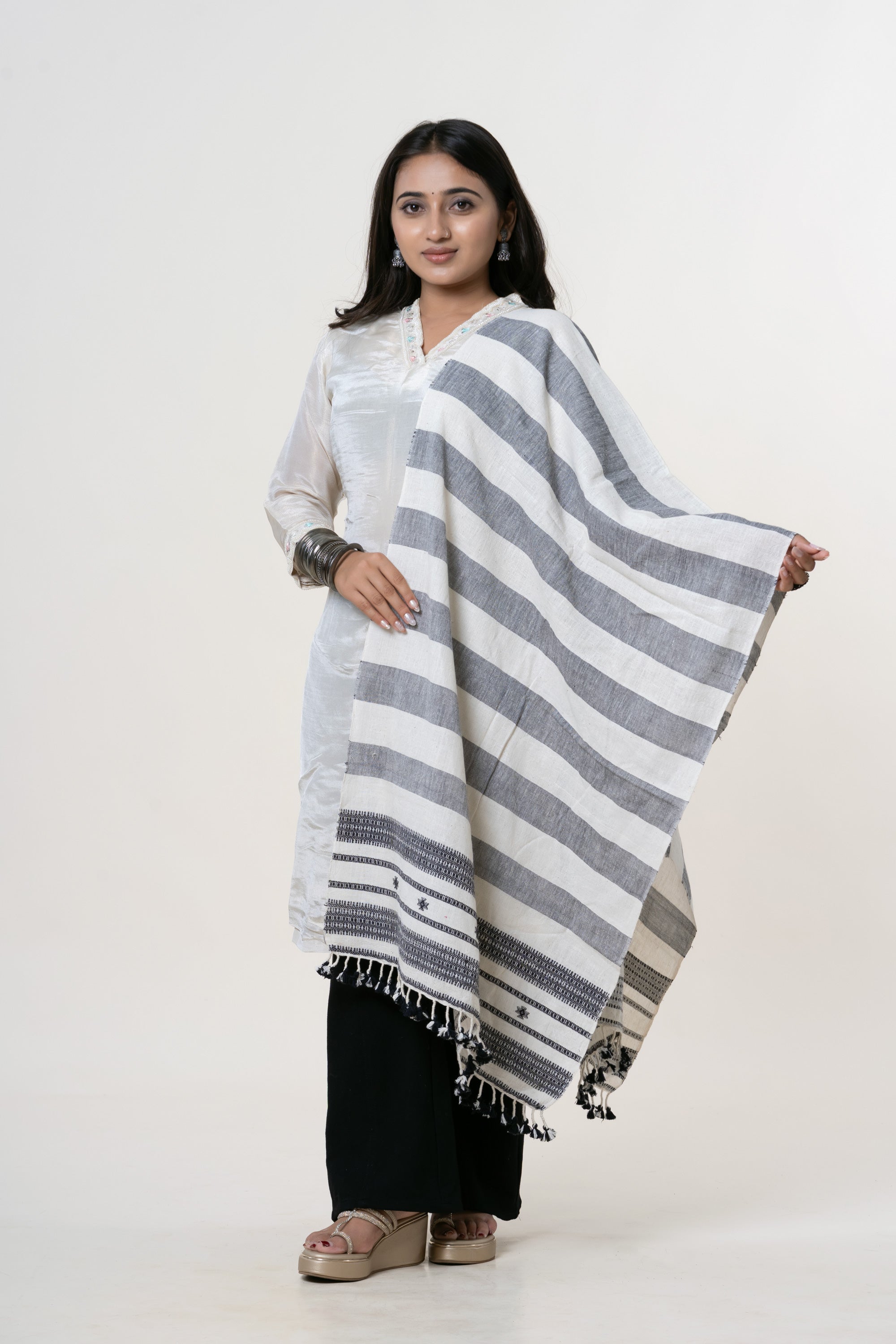 Off-White and Charcoal Grey Bhujodi Handwoven Kala Cotton Stole with Black Accents
