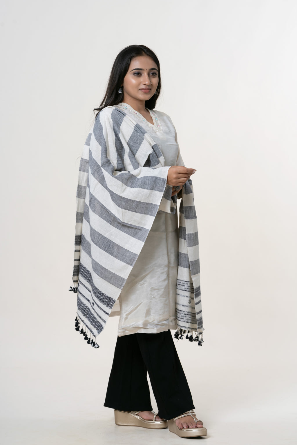 Off-White and Charcoal Grey Bhujodi Handwoven Kala Cotton Stole with Black Accents