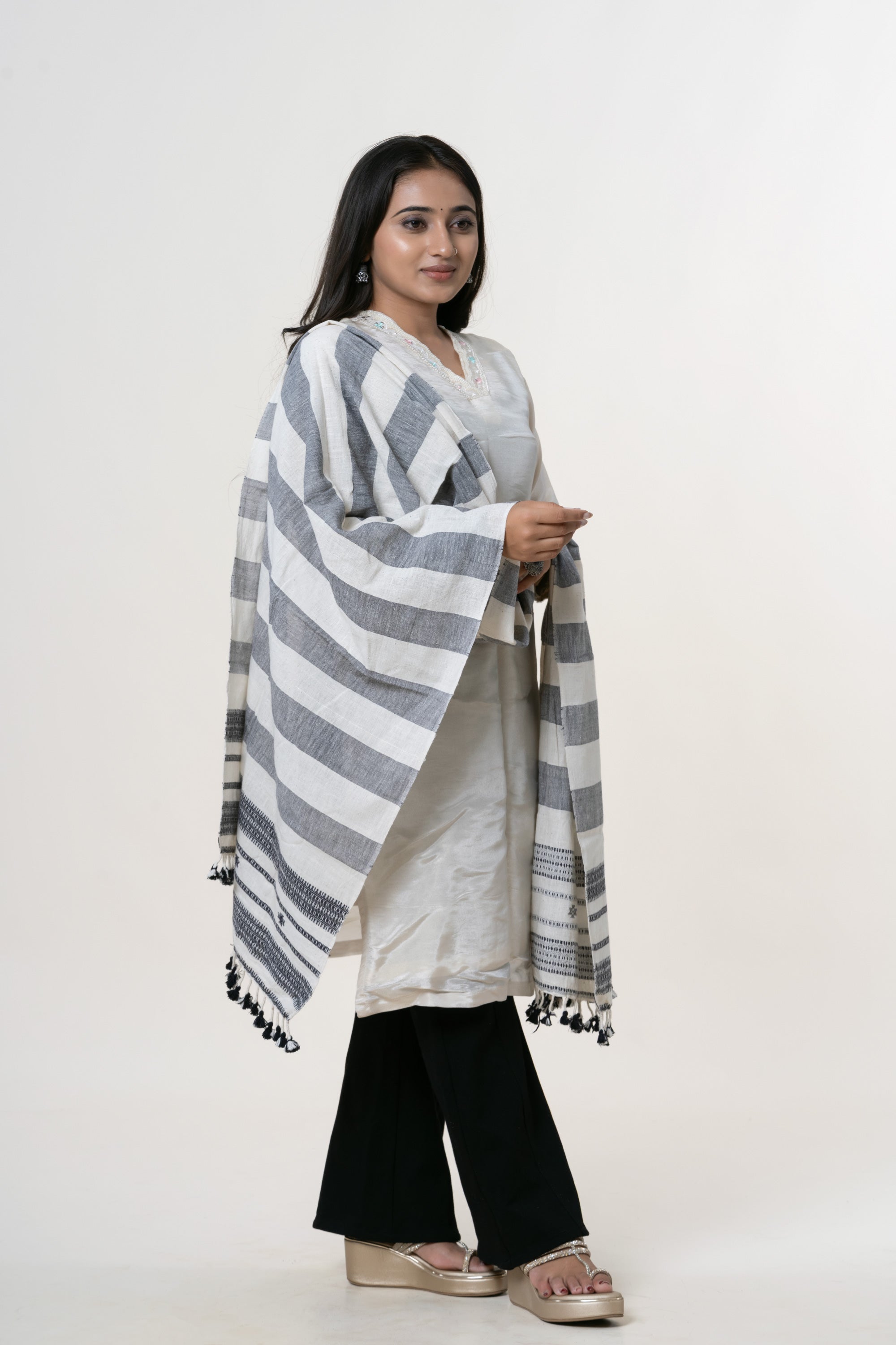 Off-White and Charcoal Grey Bhujodi Handwoven Kala Cotton Stole with Black Accents