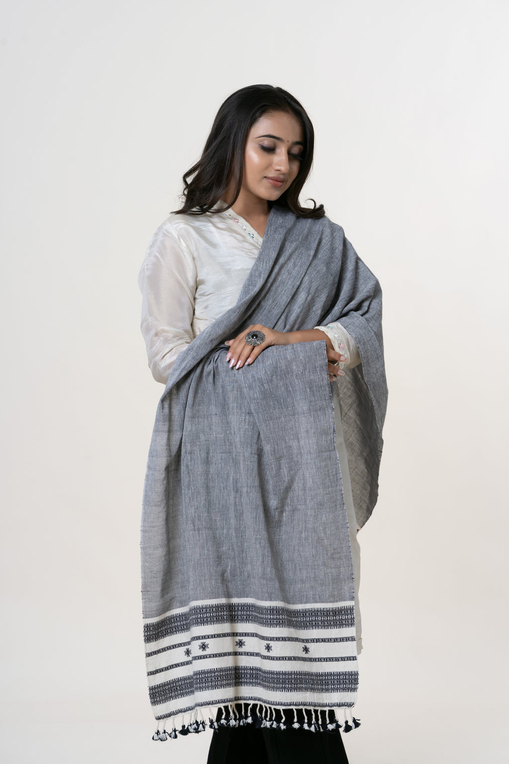 Charcoal Slate / Heathered Grey and white Bhujodi Handwoven Kala Cotton Stole with Black Accents