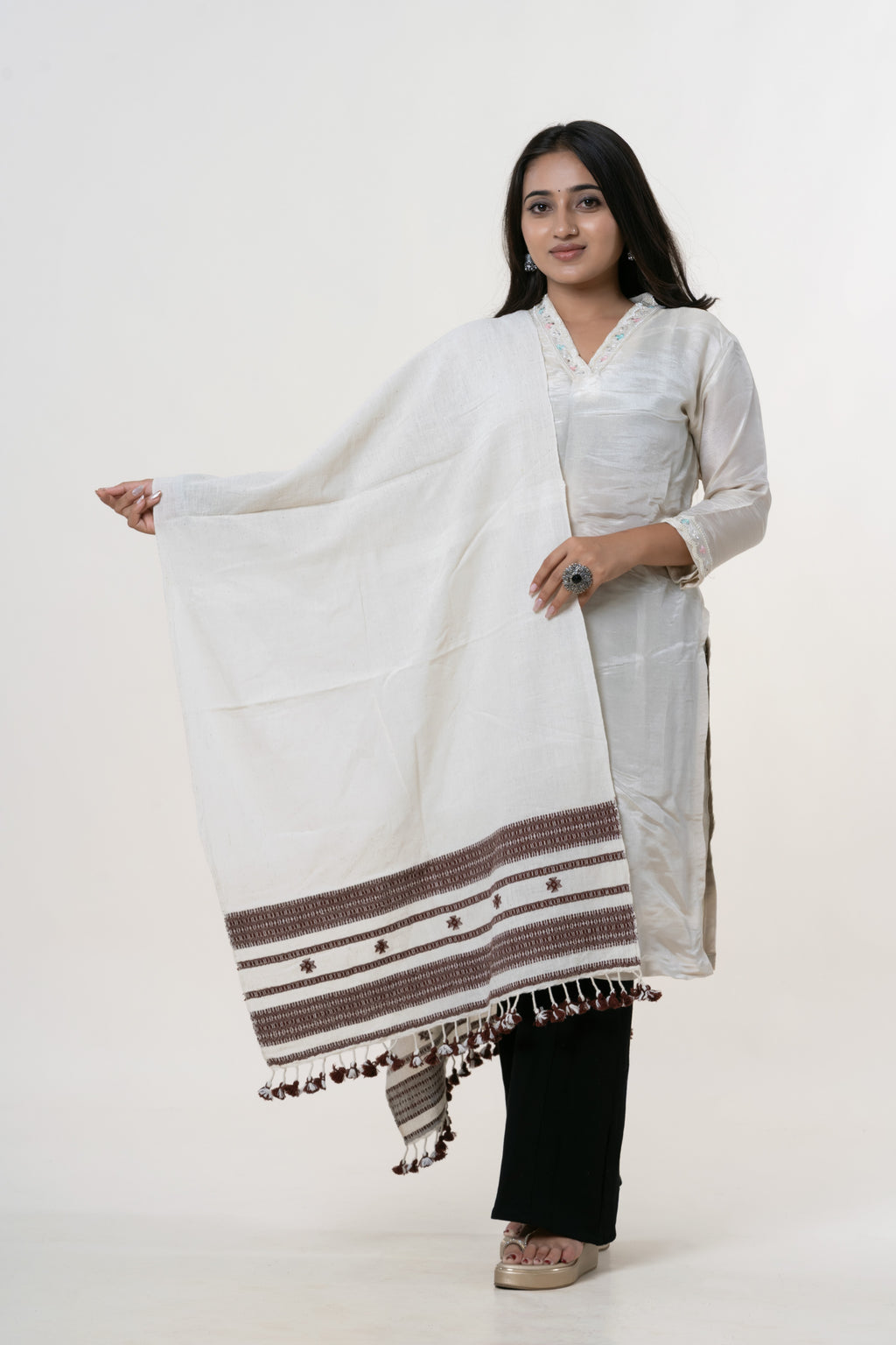 Off-White Bhujodi Handwoven Kala Cotton Stole with Earthy Brown / Coffee Accents