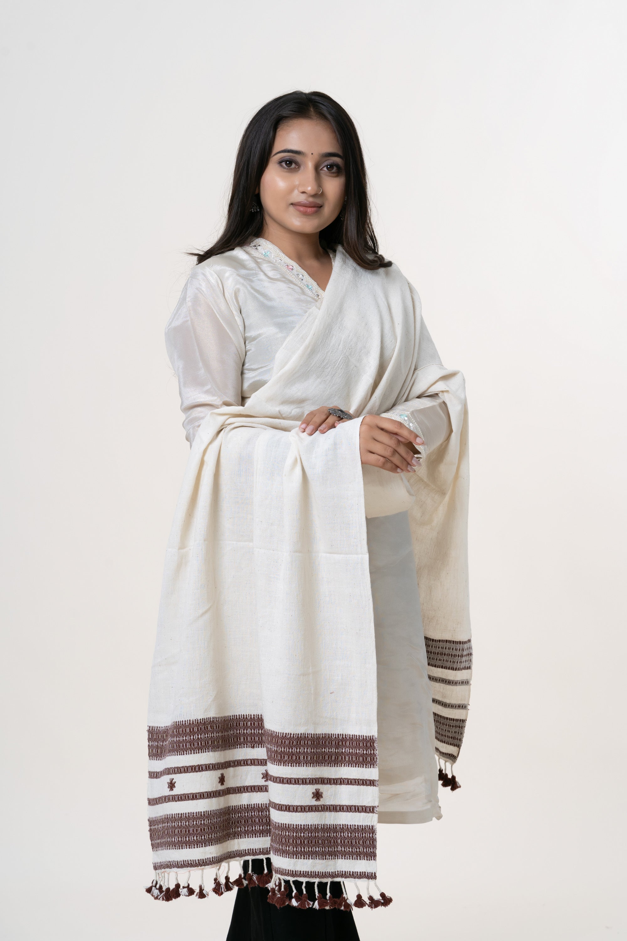 Off-White Bhujodi Handwoven Kala Cotton Stole with Earthy Brown / Coffee Accents