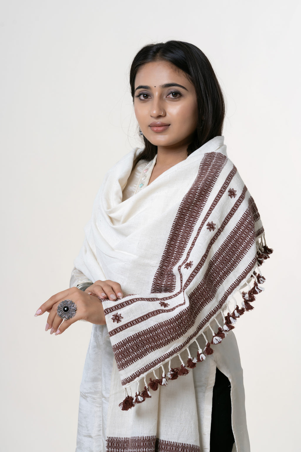 Off-White Bhujodi Handwoven Kala Cotton Stole with Earthy Brown / Coffee Accents