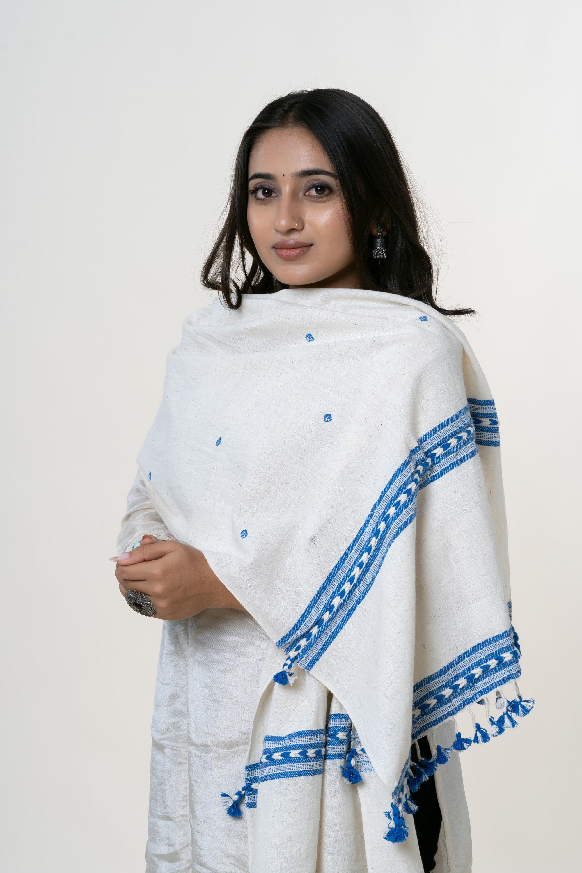 Natural Off-White Bhujodi Handwoven Kala Cotton Stole with Indigo Blue Accents