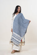 Slate Blue Bhujodi Handwoven Kala Cotton Stole with Cream & Indigo Accents