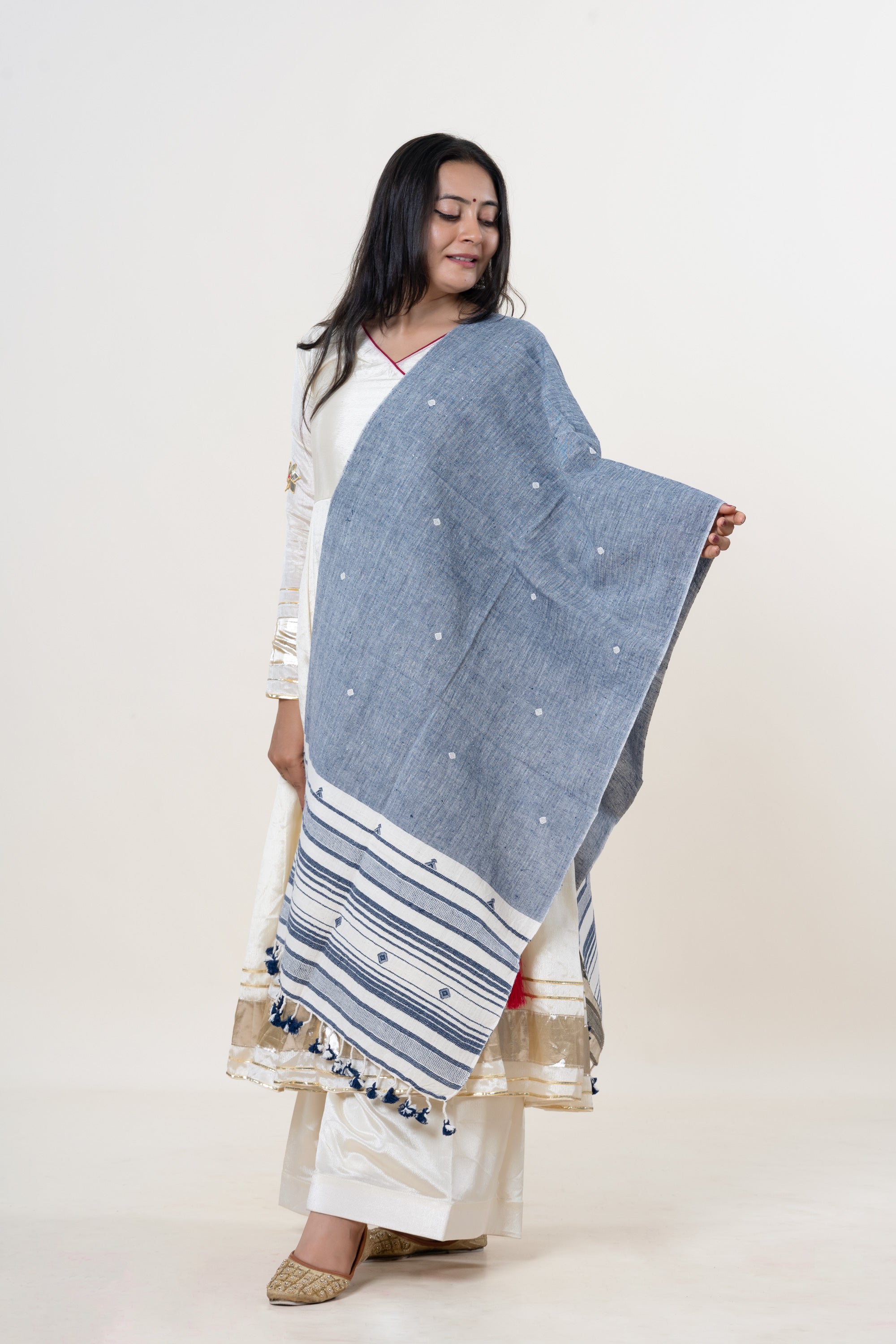 Slate Blue Bhujodi Handwoven Kala Cotton Stole with Cream & Indigo Accents