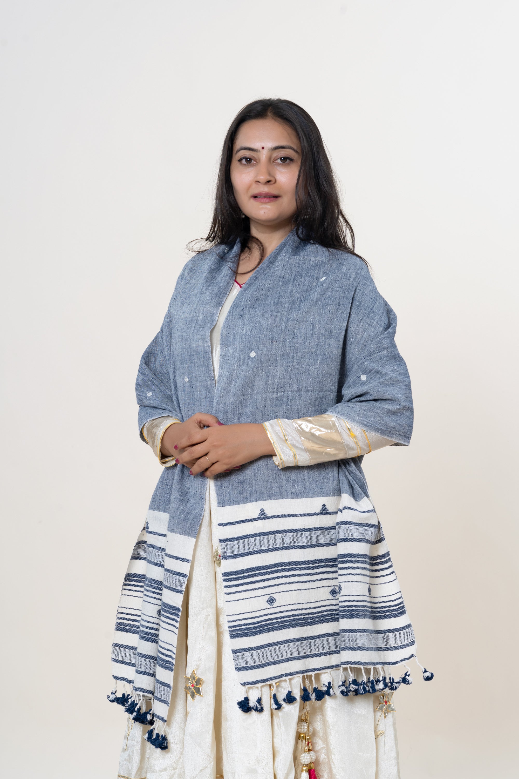 Slate Blue Bhujodi Handwoven Kala Cotton Stole with Cream & Indigo Accents