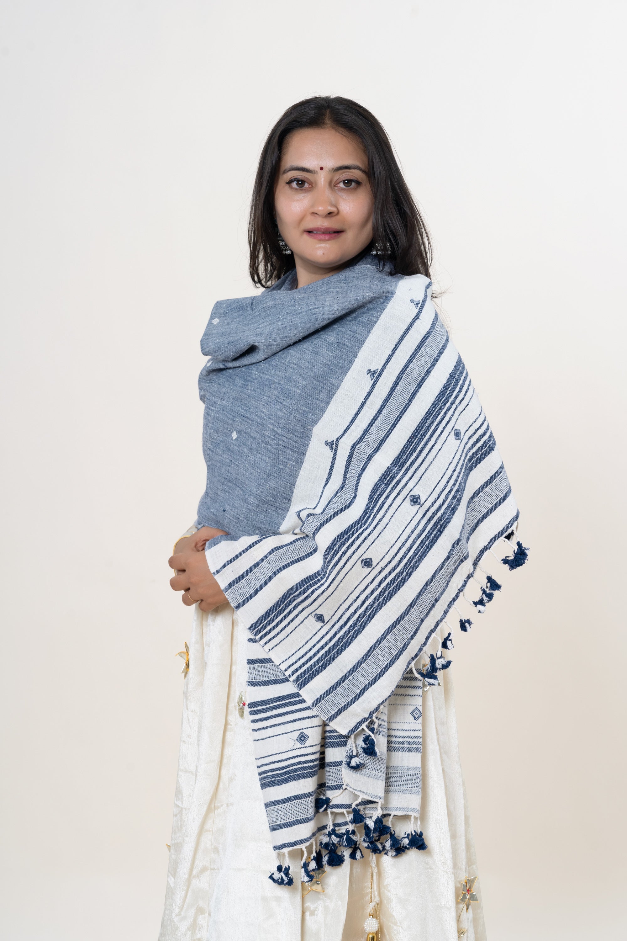 Slate Blue Bhujodi Handwoven Kala Cotton Stole with Cream & Indigo Accents