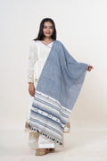Slate Blue Bhujodi Handwoven Kala Cotton Stole with Cream & Navy Accents