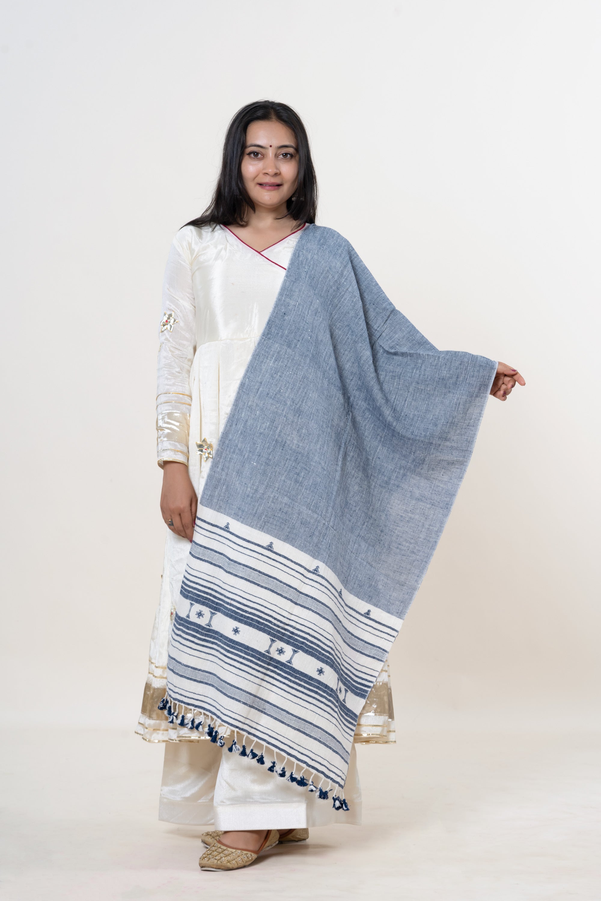 Slate Blue Bhujodi Handwoven Kala Cotton Stole with Cream & Navy Accents