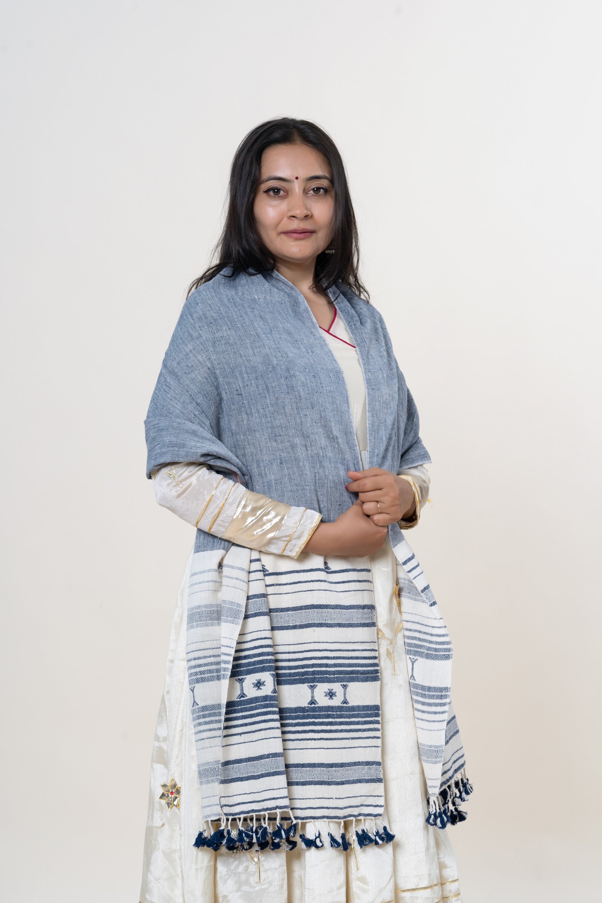 Slate Blue Bhujodi Handwoven Kala Cotton Stole with Cream & Navy Accents