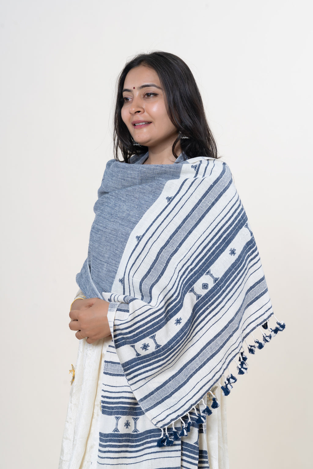 Slate Blue Bhujodi Handwoven Kala Cotton Stole with Cream & Navy Accents
