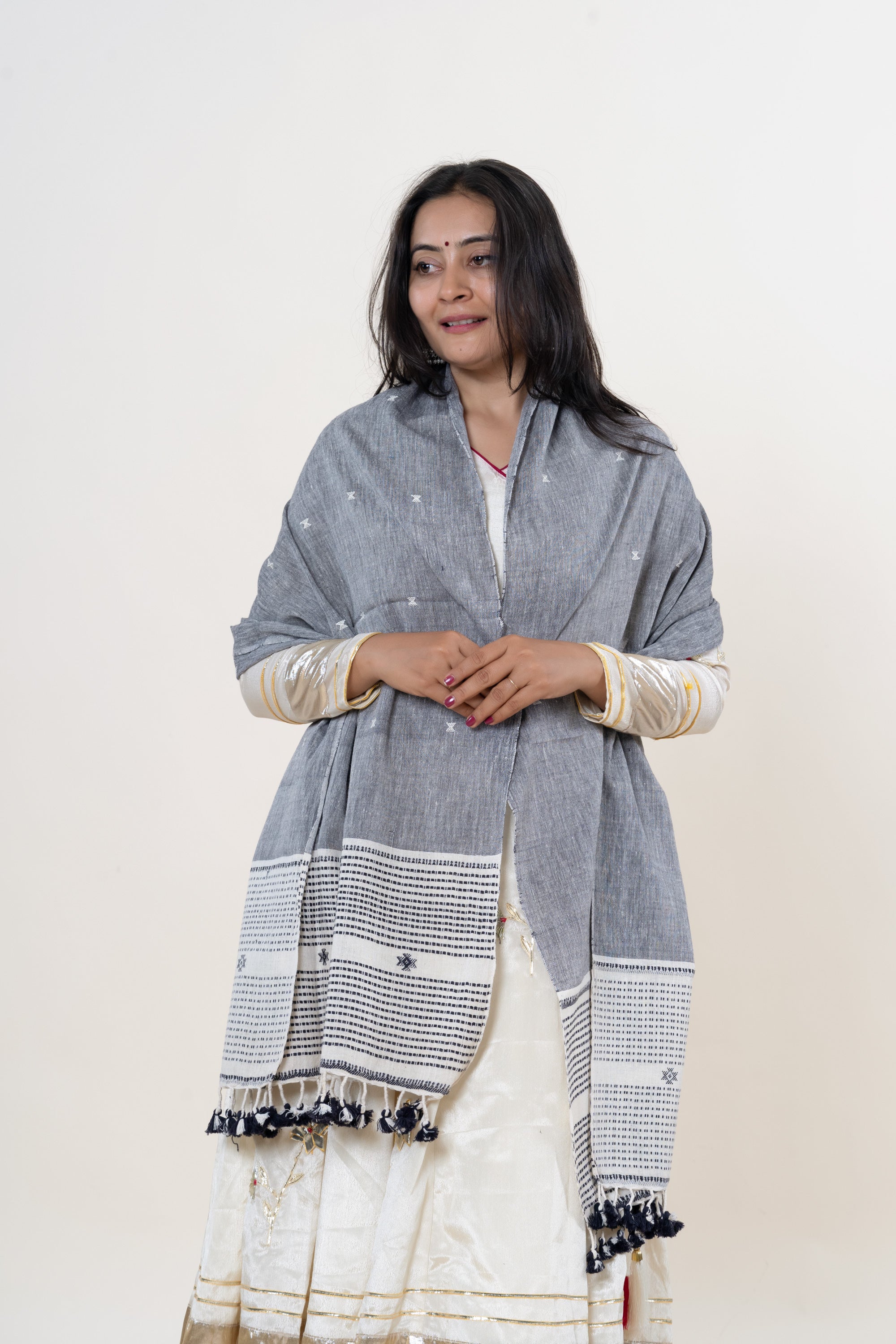 Grey Bhujodi Handwoven Kala Cotton Stole with Cream & Black Accents