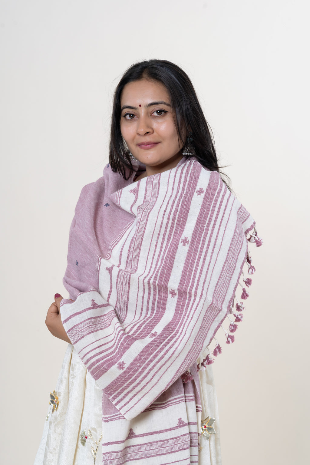 Mauve Bhujodi Handwoven Kala Cotton Stole with Indigo & Mauve Accents