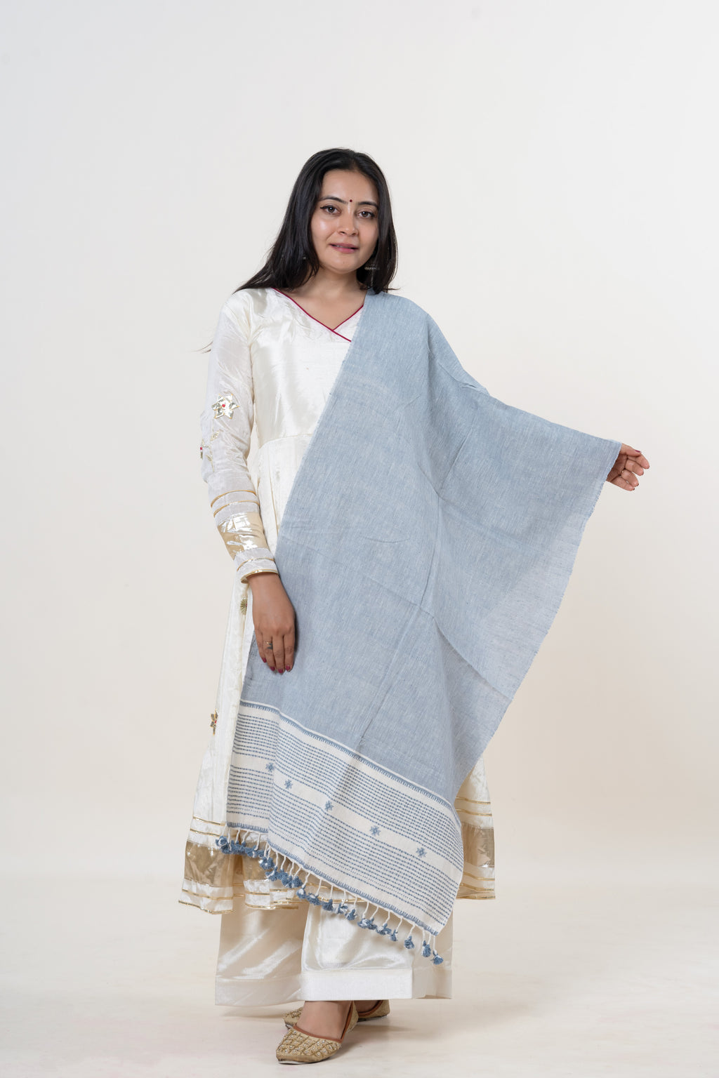 Slate Blue Bhujodi Handwoven Kala Cotton Stole with Cream & Blue Accents
