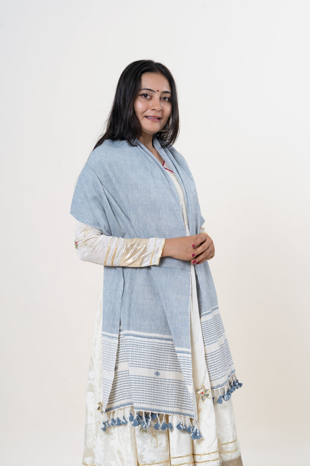 Slate Blue Bhujodi Handwoven Kala Cotton Stole with Cream & Blue Accents