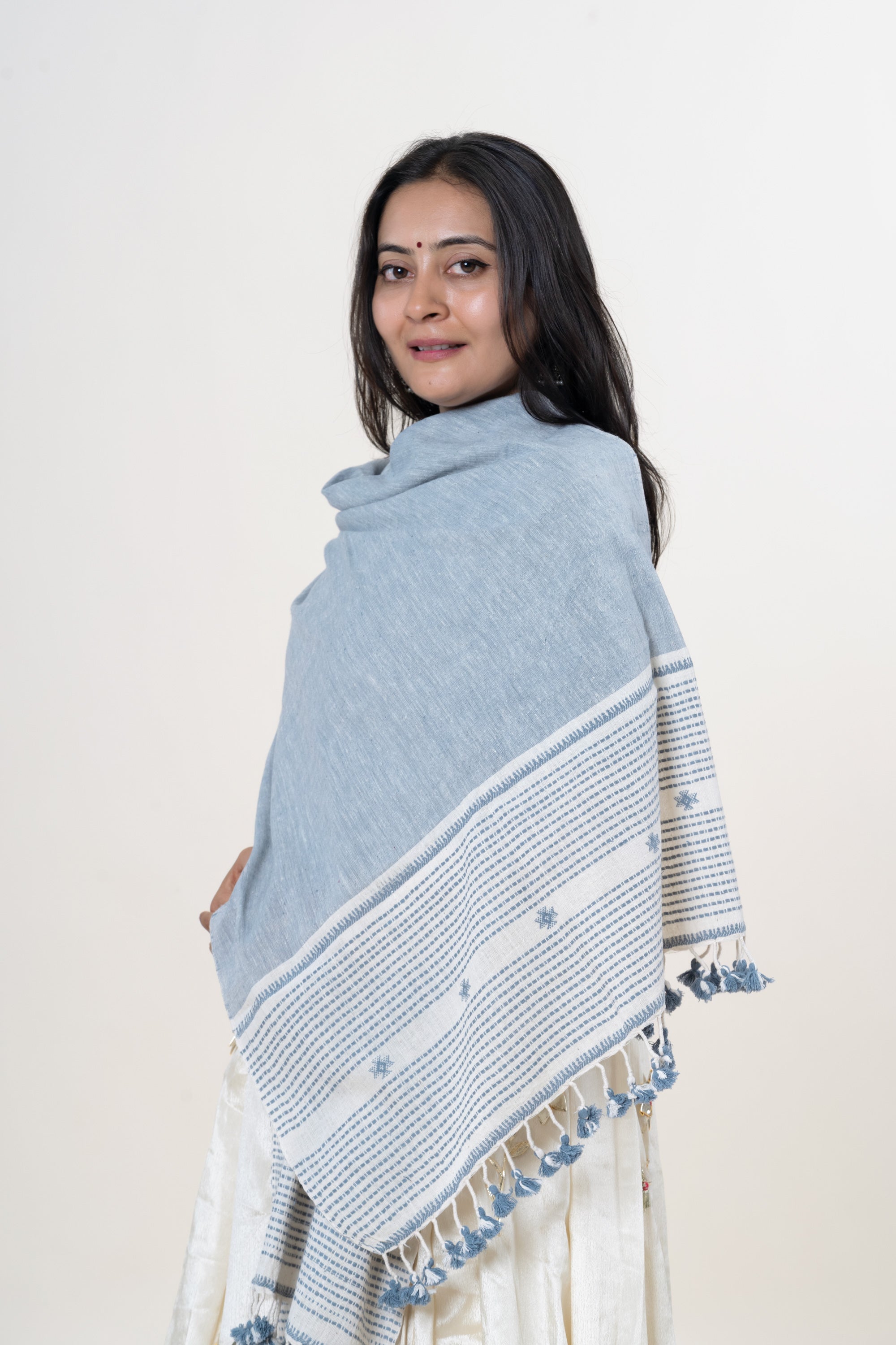 Slate Blue Bhujodi Handwoven Kala Cotton Stole with Cream & Blue Accents