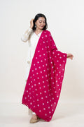 Rani Pink Bhujodi Handwoven Merino Wool Stole with Tie & Dye Motifs