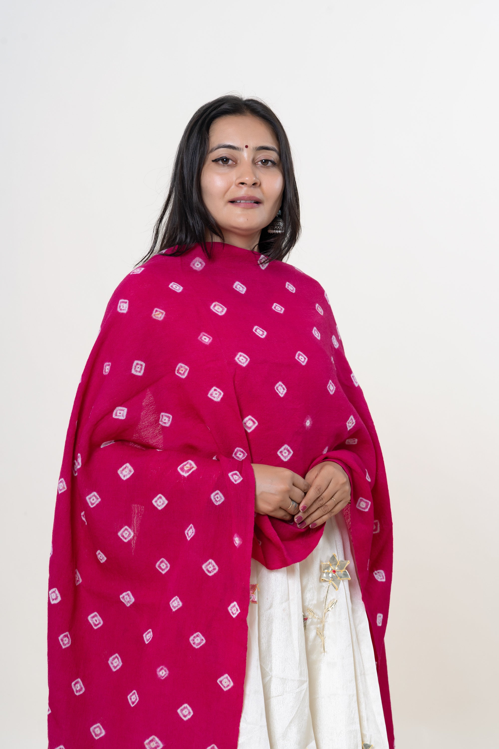Rani Pink Bhujodi Handwoven Merino Wool Stole with Tie & Dye Motifs