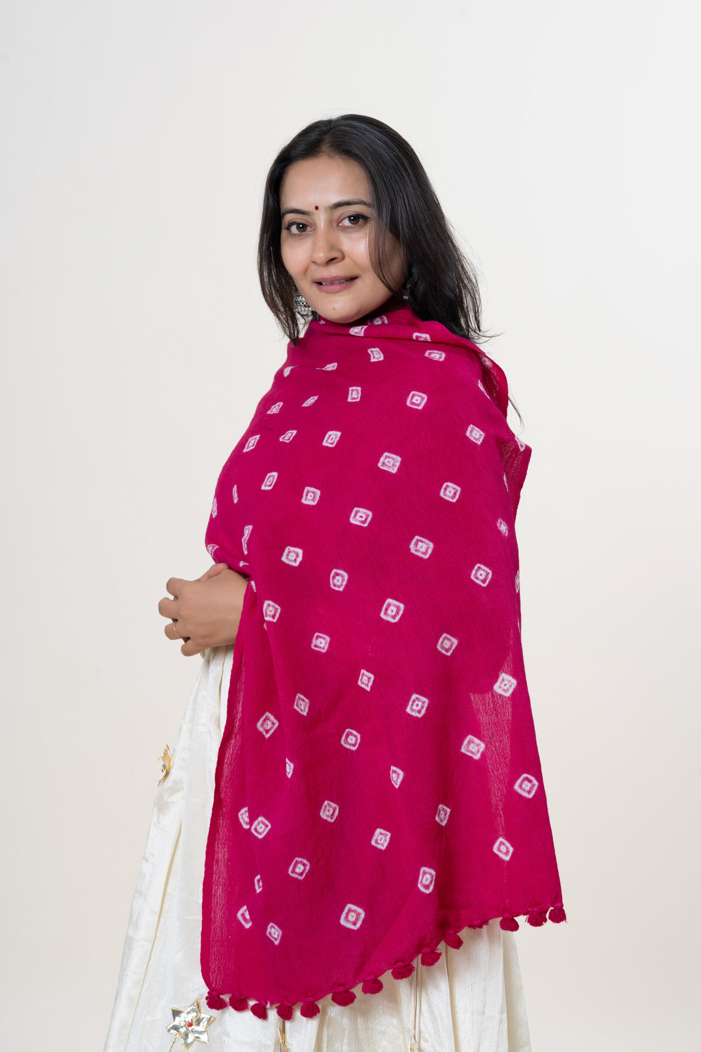 Rani Pink Bhujodi Handwoven Merino Wool Stole with Tie & Dye Motifs