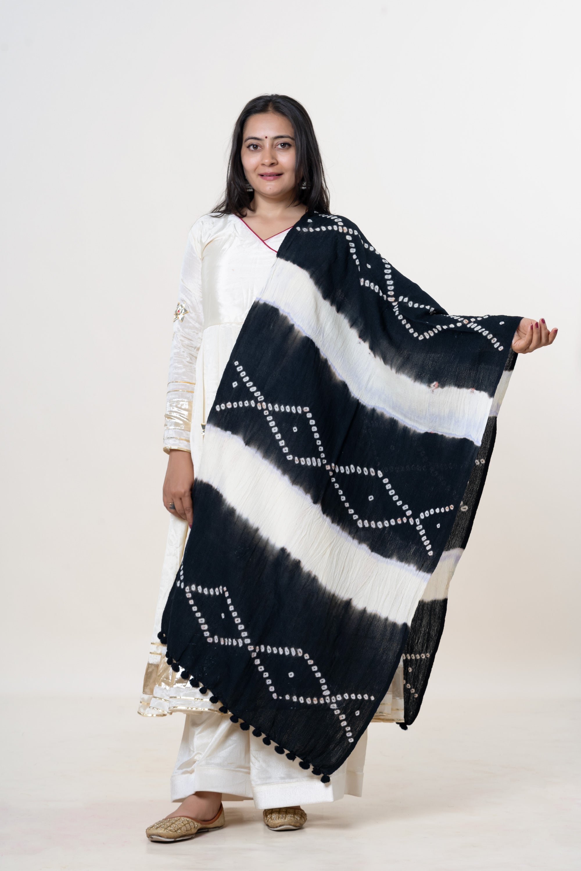 Black & Cream Bhujodi Handwoven Merino Wool Stole with Tie & Dye Stripes & Diamond Motifs