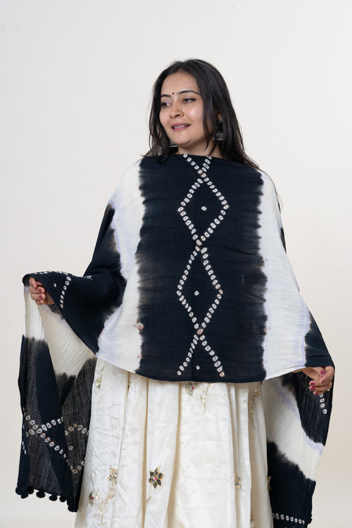 Black & Cream Bhujodi Handwoven Merino Wool Stole with Tie & Dye Stripes & Diamond Motifs