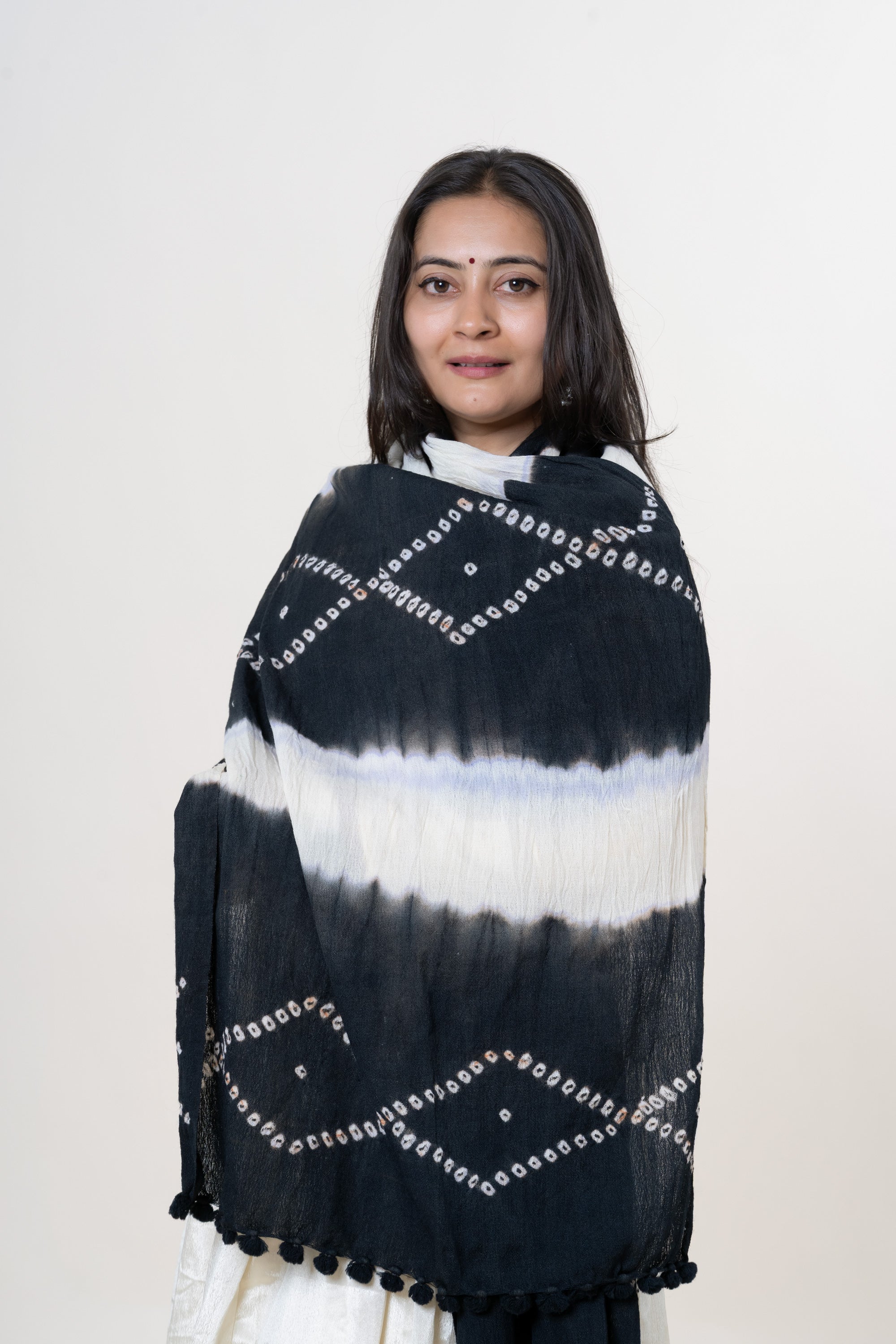 Black & Cream Bhujodi Handwoven Merino Wool Stole with Tie & Dye Stripes & Diamond Motifs