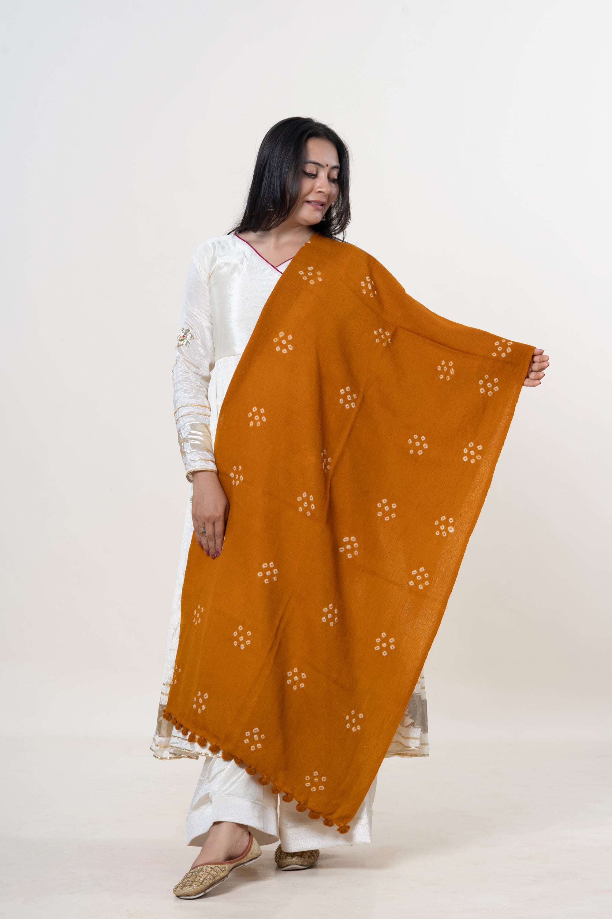 Mustard Bhujodi Handwoven Merino Wool Stole with Tie & Dye Dot Motifs