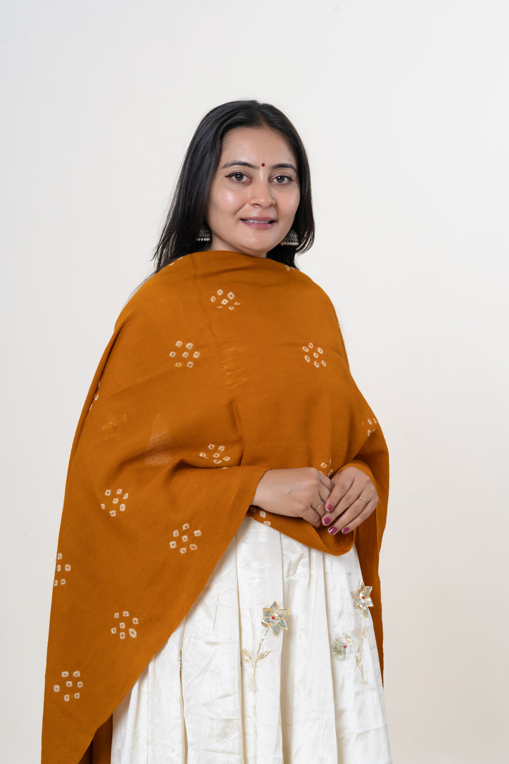 Mustard Bhujodi Handwoven Merino Wool Stole with Tie & Dye Dot Motifs