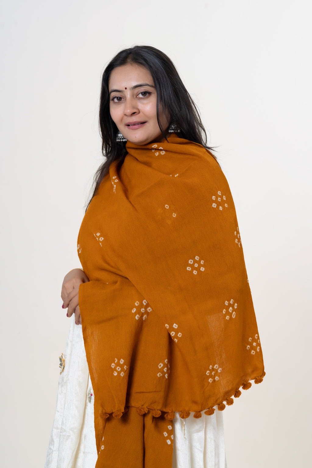 Mustard Bhujodi Handwoven Merino Wool Stole with Tie & Dye Dot Motifs