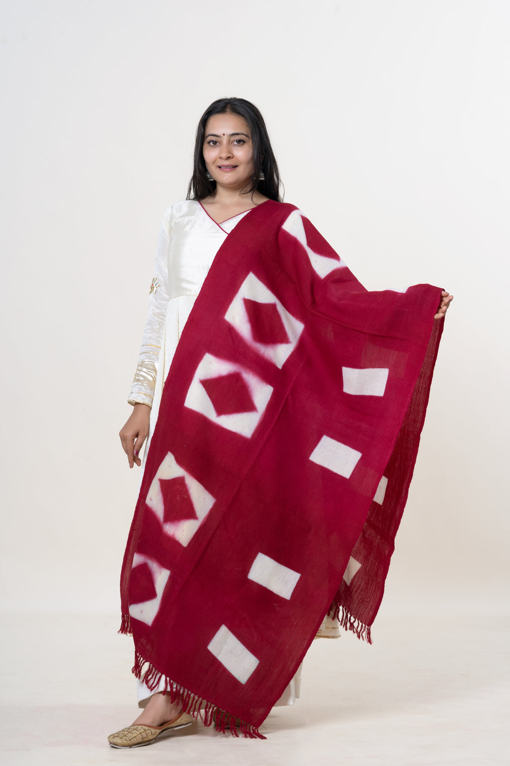 Burgundy Bhujodi Handwoven Merino Wool Stole with Tie & Dye Diamond & Rectangle Motifs