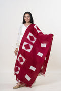 Burgundy Bhujodi Handwoven Merino Wool Stole with Tie & Dye Diamond & Rectangle Motifs