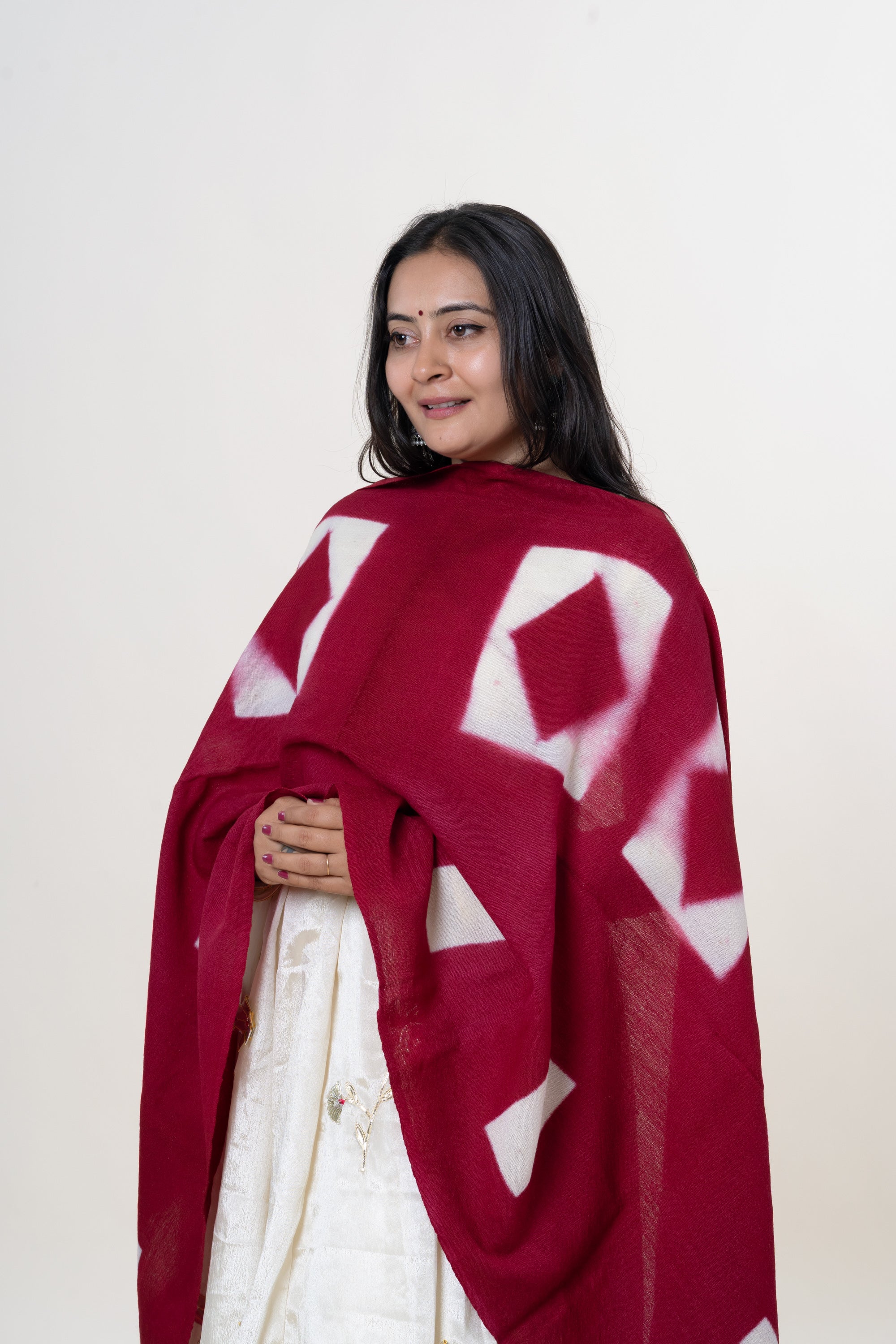 Burgundy Bhujodi Handwoven Merino Wool Stole with Tie & Dye Diamond & Rectangle Motifs